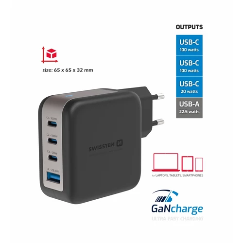 Swissten GaN hálózati töltőadapter 3xUSB-C 100W PD, 1xUSB-A 18W QC, fekete