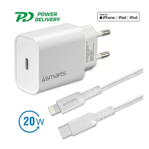 4SMARTS HÁLÓZATI GYORSTÖLTŐ ADAPTER 20W, TYPE-C QC 3.0 + 1.5M LIGHTNING KÁBEL, FEHÉR