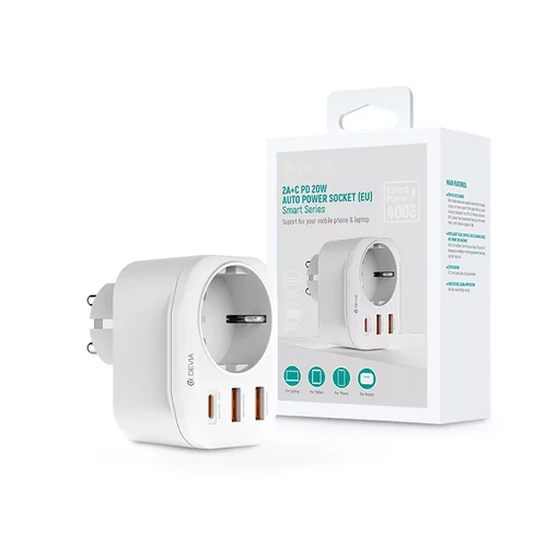 Devia hálózati csatlakozóaljzat(konnektor) + 2xUSB-A + USB-C 20W  (400W,250V-16A)
