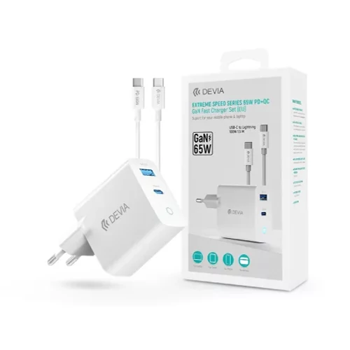 Devia GaN hálózati töltő adapter USB-A + USB-C  + USB-C - C kábel (1,5 méter) 65W szett