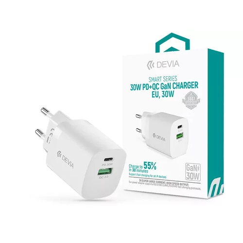 DEVIA GAN HÁLÓZATI TÖLTŐ ADAPTER USB + TYPE-C BEMENETTEL - 30W - DEVIA SMART SERIES GAN PD + QC QUIC