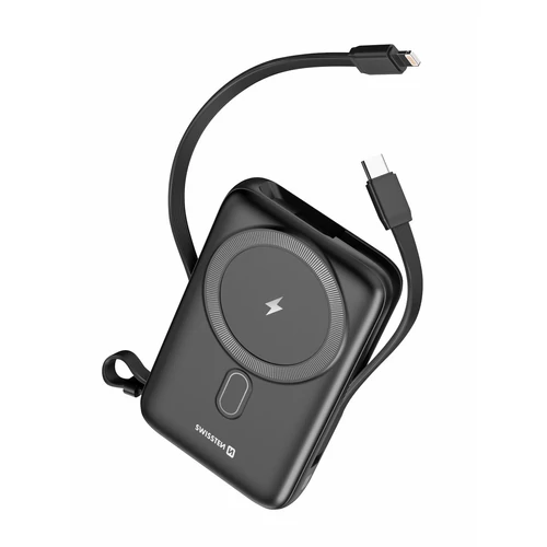 Swissten 10000 mAh 20W beépített USB-C és lightning kábellel FEKETE Külső akkumulátor / Power bank