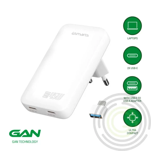 4smarts FlatPlug Slim Dual USB-C hálózati adapter, 65W GaN, fehér