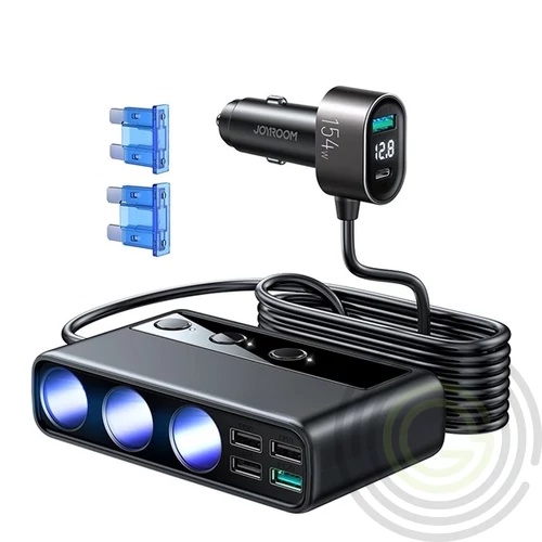 JOYROOM szivargyújtó adapter (3 szivargyújtó+5 USB+Type-C aljzat, 154W, PD gyorstöltő 3.0, 100cm,