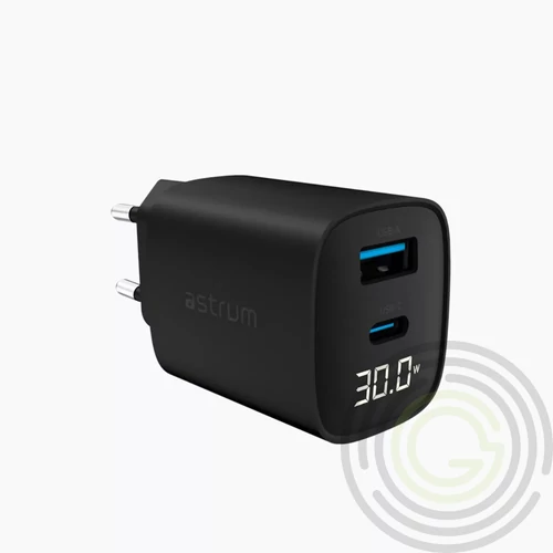 Astrum Watz 30L hálózati PD, GaN töltő 1X Type-C 1X USB-A, 30W, 3.4A, fekete