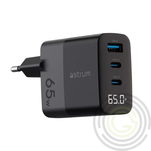 Astrum Watz 65G hálózati PD, GaN töltő 2X Type-C 1X USB-A, 65W, 3.4A, fekete