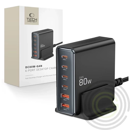 Tech-Protect DC80W-GAN (PD80W/QC3.0) 6-Portos Asztali Töltő Fekete