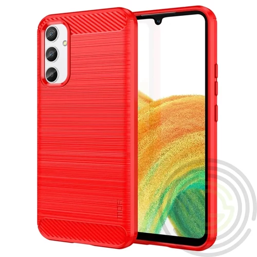 Szilikon telefonvédő Samsung A34 (ütésállóság, légpárnás sarok, szálcsiszolt, karbon minta) PIROS