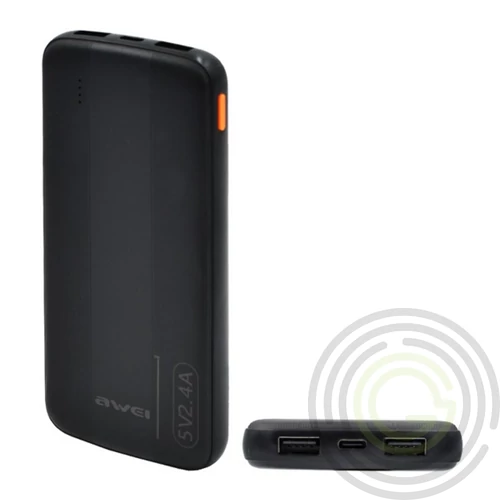 AWEI P20K vésztöltő 2 USB+Type-C aljzat (10000mAh, 2.4A, PD gyorstöltő) FEKETE