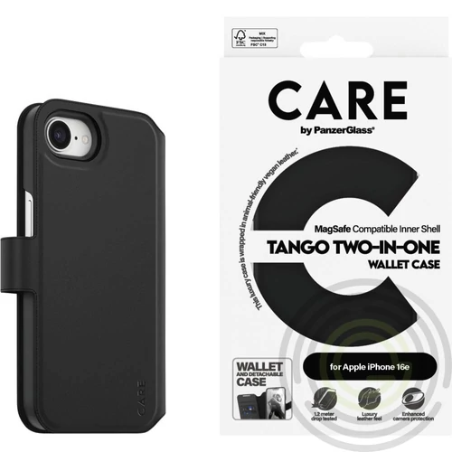 PANZERGLASS CARE TANGO TWO-IN-ONE Iphone 16 tok álló, bőr hatású (FLIP, MagSafe) FEKETE
