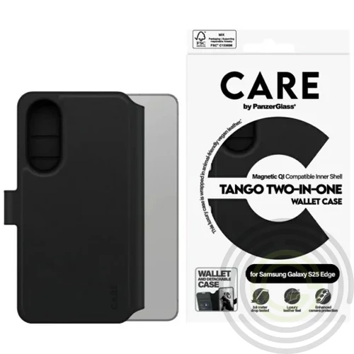PANZERGLASS CARE TANGO TWO-IN-ONE tok álló, bőr hatású Fekete Samsung Galaxy S25 Edge