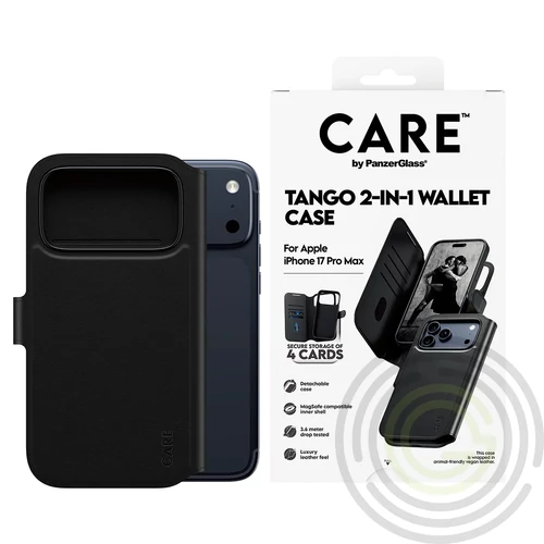 PANZERGLASS CARE TANGO TWO-IN-ONE Iphone 17 tok álló, bőr hatású (FLIP, MagSafe) FEKETE