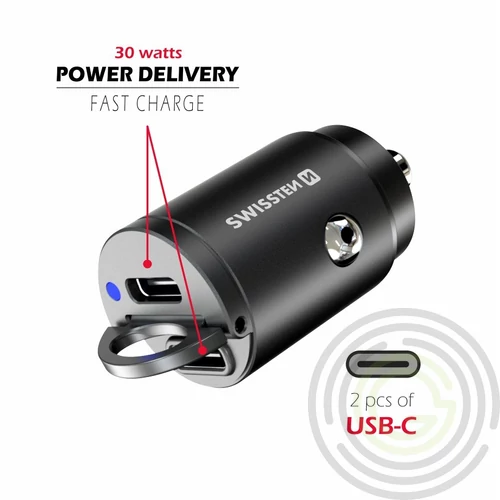 Swissten szivargyújtós autós töltőadapter Power Delivery 2XUSB-C, 30W, fekete