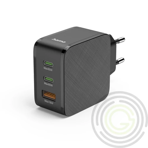 HÁLÓZATI TÖLTŐ, USB + 2x TYPE-C "PD" 65W, FEKETE