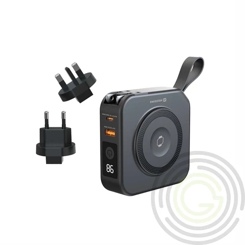 Swissten power bank all-in-one pro cserélhető AC csatlakozókkal (US, EU, UK) 10000 mAh, 20W