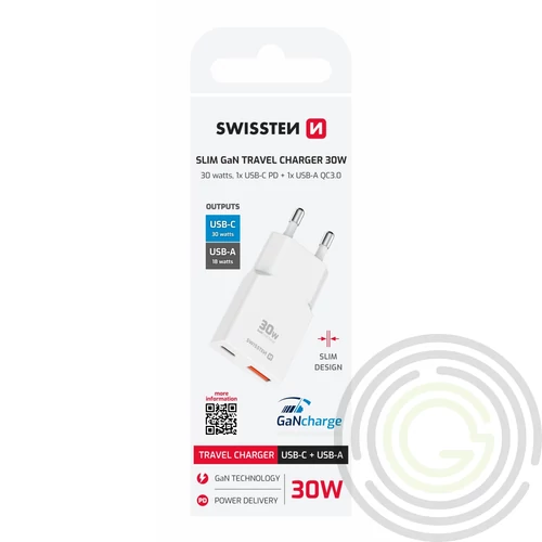 Swissten GaN Slim hálózati töltőadapter, USB-C, USB-A, 30W, fehér