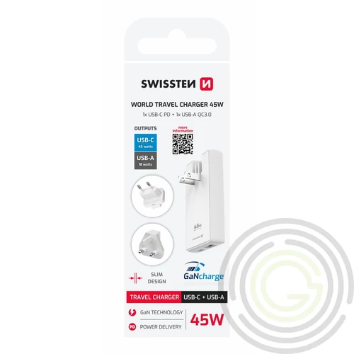 Swissten GaN univerzális világutazó töltőadapter US/EU/UK, USB-C, USB-A, 45W, fehér