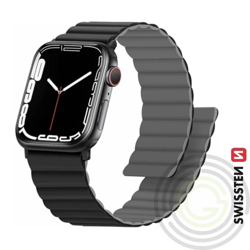 Swissten Apple Watch mágneses szilikon szíj 42/44/45/49 mm, fekete/szürke