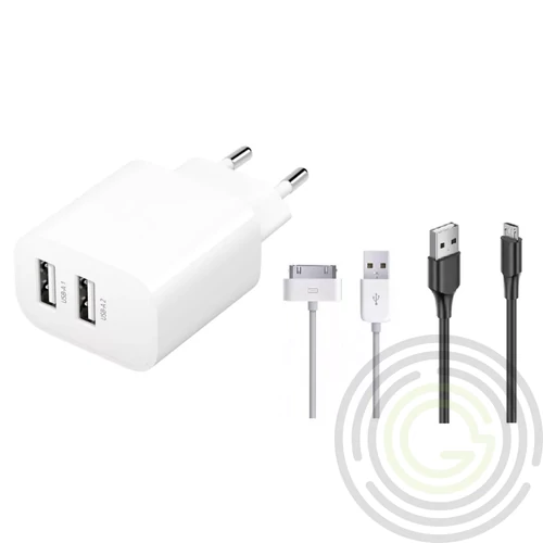 Raven Design hálózati töltő 2X USB-A csatlakozóval, 1.4A 7W micro-USB és 30-PIN Apple kábellel