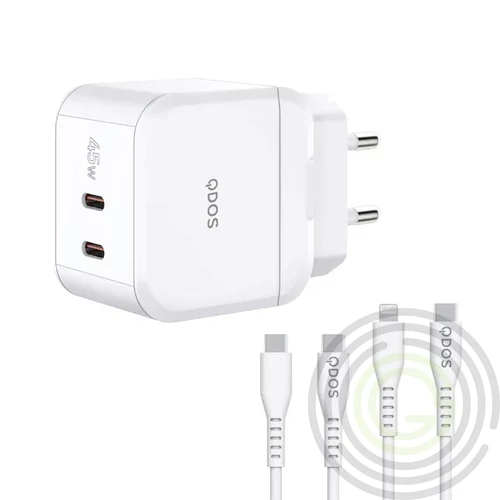 QDOS POWERCUBE TRIO 45W fehér hálózati töltő USB Type-C és Lightning adatkábellel 3A