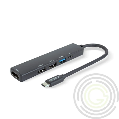 Multifunkciós USB Hub - HDMI + Type-C 3.0 - 3xUSB-A, 1xType-C - 5 Gbps, 100 W - fekete