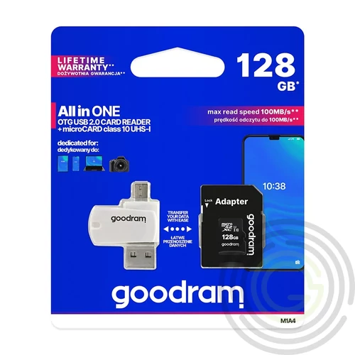 Goodram microSDHC 128GB Class 10 memóriakártya SD adapterrel, Micro USB / USB OTG kártyaolvasóval