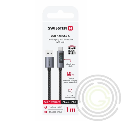 Swissten fonott adat- és töltőkábel LCD kijelzővel, USB/USB-C, 1m