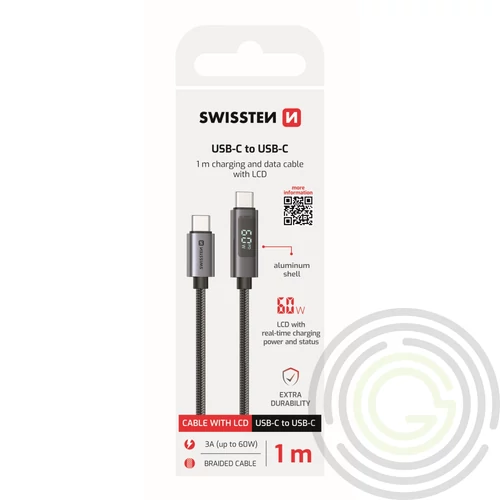 Swissten fonott adat- és töltőkábel LCD kijelzővel, USB-C/USB-C, 1m
