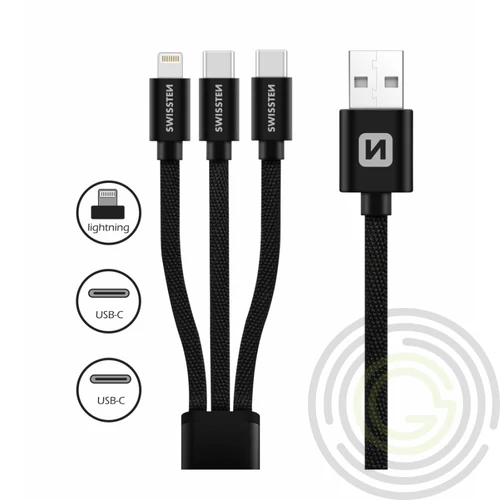 Swissten 3in1 univerzális adat- és töltőkábel textil bevonattal (1xlightning, 2xType-C) 1,2 m, feket