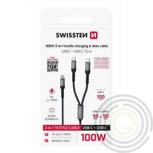 Swissten fonott töltőkábel 2in1, 100W, USB-C/2xUSB-C, 1,5m, fekete