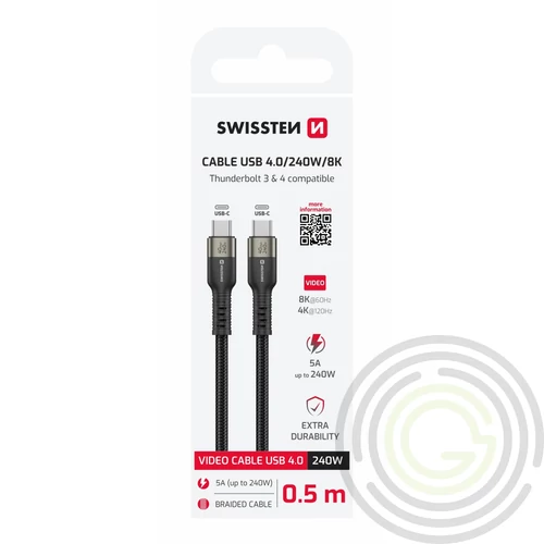 Swissten videó kábel, USB 4.0, USB-C 240W, 8K@60Hz, 40Gb/s, TB3&TB4, 0,5m, fekete