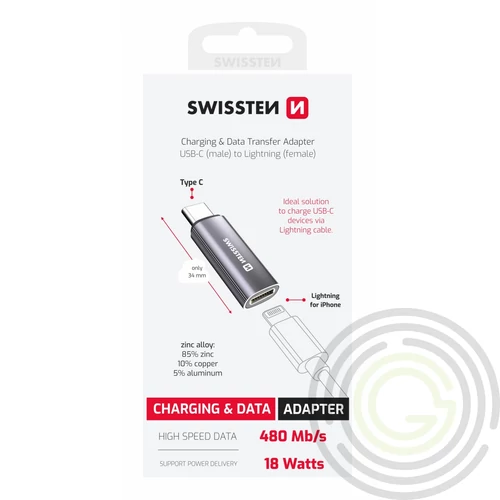 Swissten töltőadapter USB-C (male)/lightning (female), ezüst