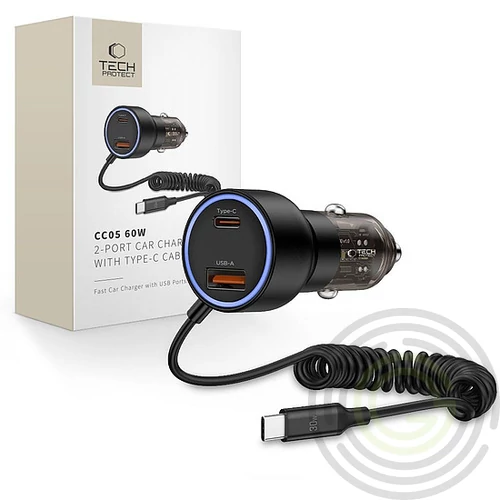 CC05 Autós Töltő 2 Portos PD60 W + USB-C Kábel - Fekete
