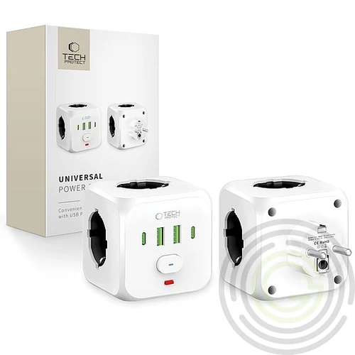 Tech-Protect PCL3x4 elosztó, 2x USB-A, 2x USB-C, 3x AC típusú Schuko - fehér
