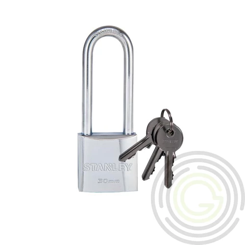 STANLEY S742-015 krómozott, tömör sárgaréz lakat, 30 mm, 3 kulcsos, hosszú kengyellel