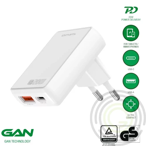4smarts FlatPlug Duos hálózati töltő adapter USB-C-USB-A, 20W, GaN 1C+1A, fehér