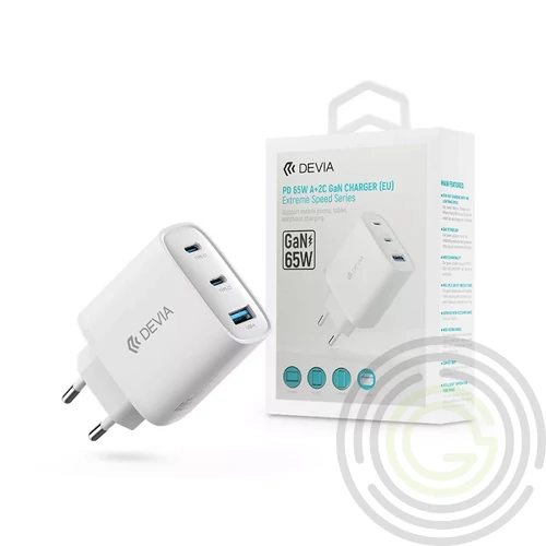 Devia Extreme Speed Series 65W GaN PD hálózati gyorstöltő adapter USB+2xType-C - fehér