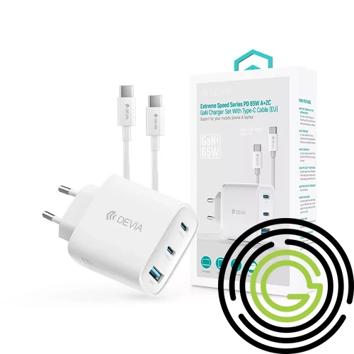 Devia Extreme Speed Series 65W GaN PD hálózati gyorstöltő adapter USB+2xType-C+Type-C kábel - fehér