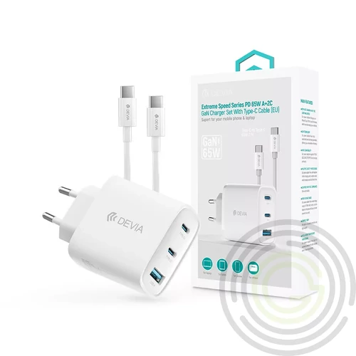 Devia Extreme Speed Series 65W GaN PD hálózati gyorstöltő adapter USB+2xType-C+Type-C kábel - fehér