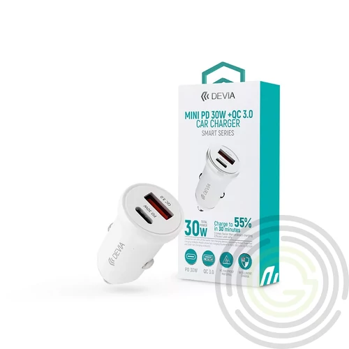 Devia Smart Series Mini 30W PD+QC USB+Type-C autós töltő adapter FEHÉR