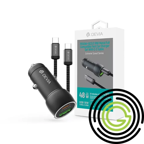 Devia Extreme Speed Series 30W PD+QC USB+Type-C autós töltő adapter+Type-C/Type-C kábel 1m - fekete