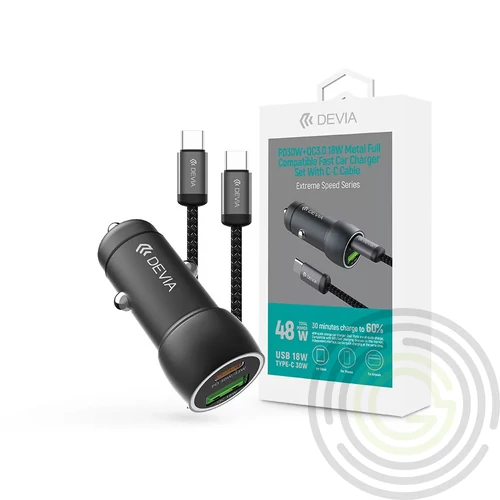 Devia Extreme Speed Series 30W PD+QC USB+Type-C autós töltő adapter+Type-C/Type-C kábel 1m - fekete