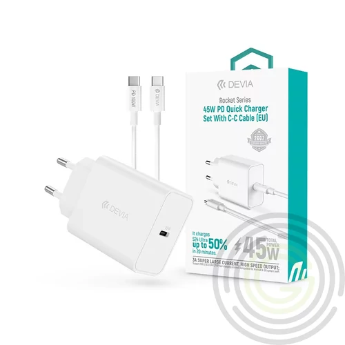 Devia Rocket Series 45W PD+QC hálózati gyorstöltő adapter + Type-C/Type-C kábel fehér
