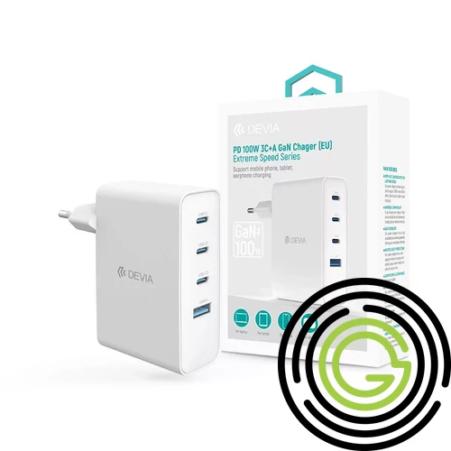 Devia Extreme Speed Series 100W GaN PD hálózati gyorstöltő adapter USB+3xType-C - fehér