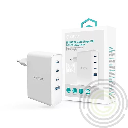 Devia Extreme Speed Series 100W GaN PD hálózati gyorstöltő adapter USB+3xType-C - fehér