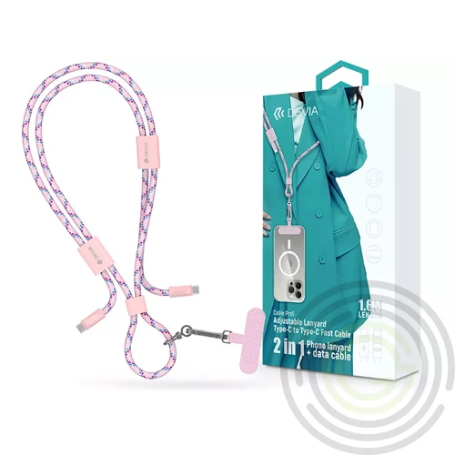 Devia Cable Pro5 Woven 60W PD Type-C/Type-C adat- és töltőkábel + nyakpánt 1,6m pink