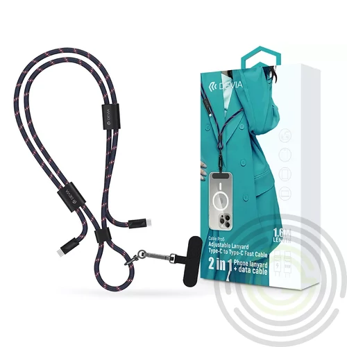 Devia Cable Pro5 Woven 60W PD Type-C/Type-C adat- és töltőkábel + nyakpánt 1,6m kék