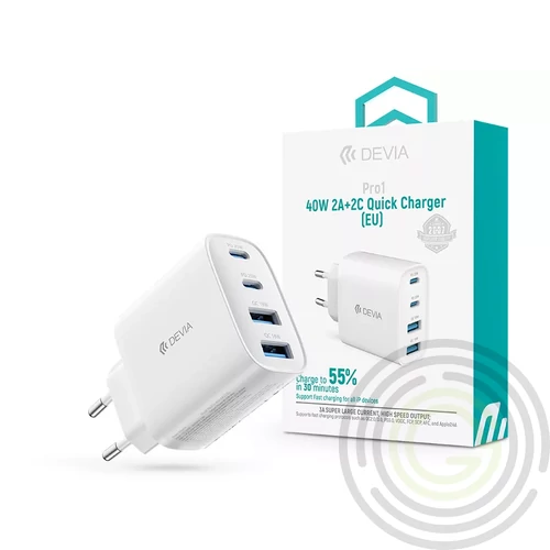 Devia Pro1 40W GaN QC 2xUSB + 2xType-C hálózati gyorstöltő adapter - fehér