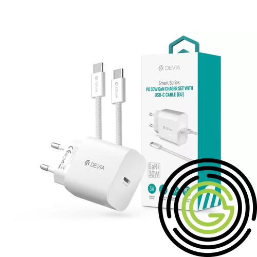 Devia Smart Series 30W GaN PD+QC hálózati gyorstöltő adapter + Type-C/Type-C kábel - fehér