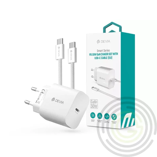 Devia Smart Series 30W GaN PD+QC hálózati gyorstöltő adapter + Type-C/Type-C kábel - fehér
